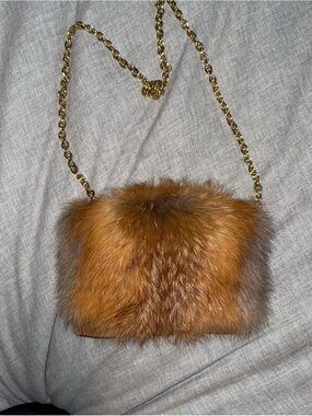 Genuine fox fur Crossbody Bag with Gold Chain - Chestnut Brown